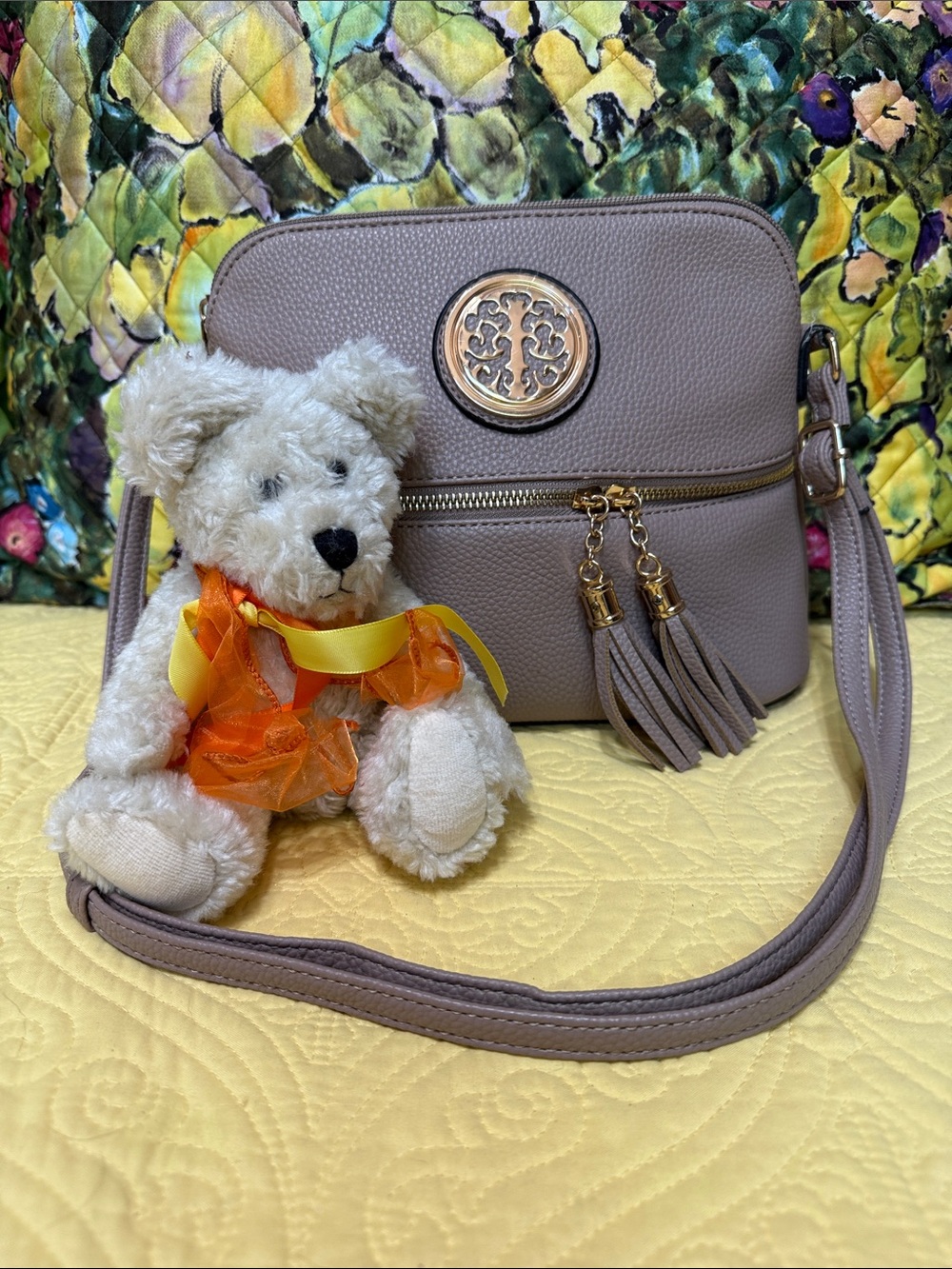 Deluxity Taupe Crossbody Shoulder Bag with Gold Medallion and Tassel